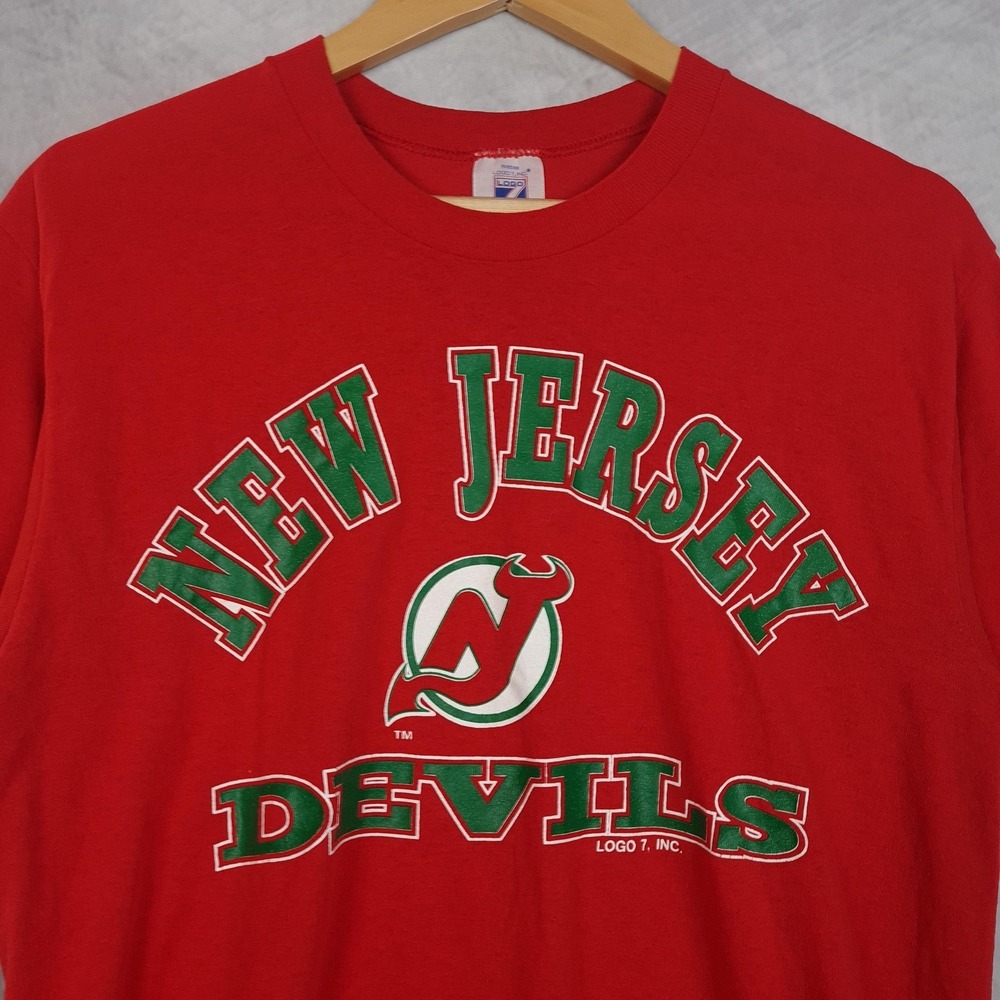 Vintage New Jersey Devils Shirt Graphic Mens Large Red NHL Hockey Logo 7 USA